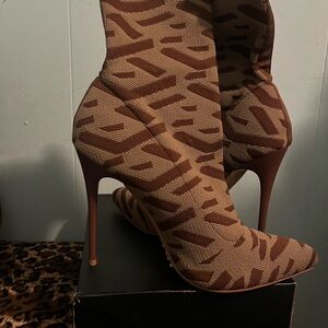 Brown Patterned Women's Heel Boots